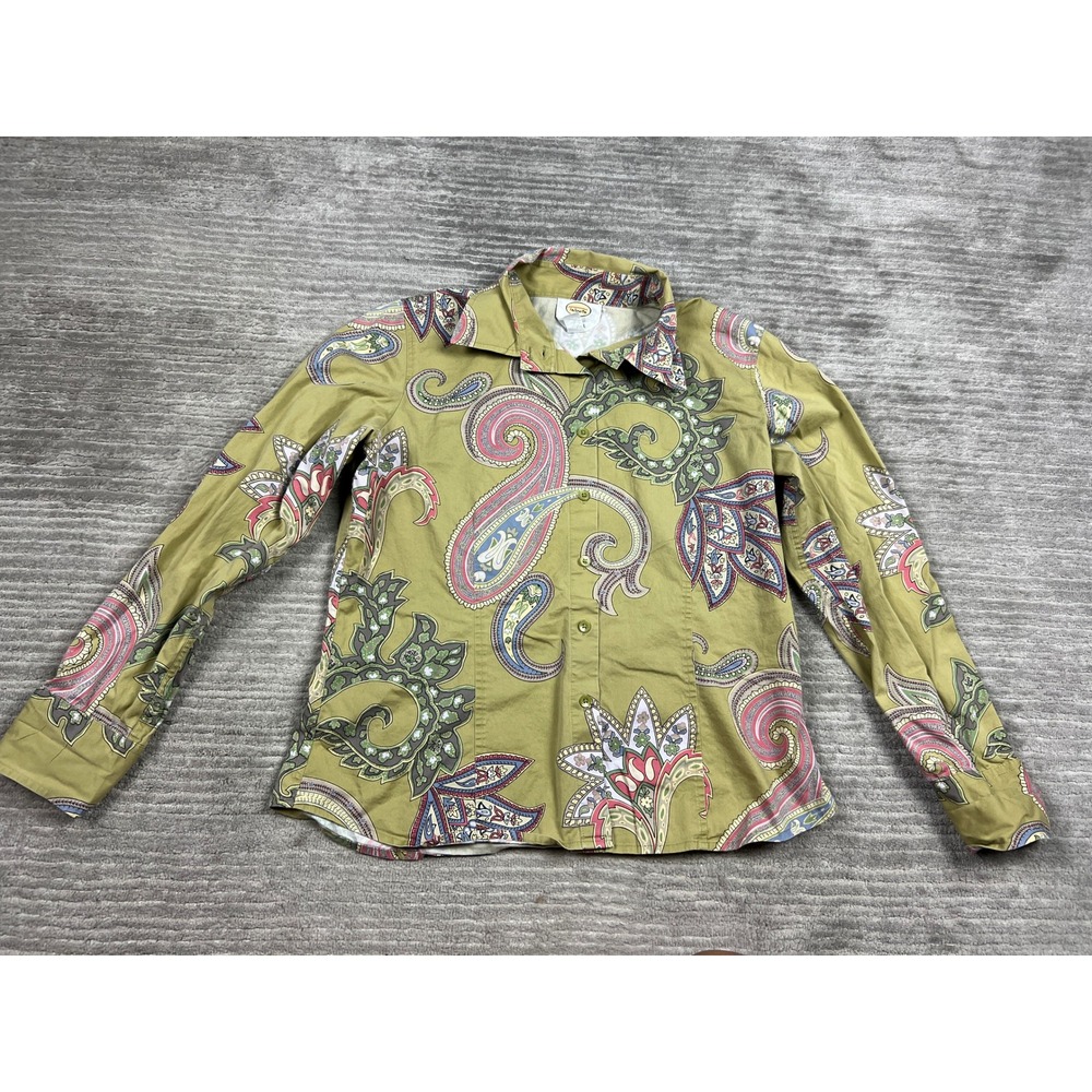Talbots Button Down Shirt Women M Olive Paisley Stretch Long Sleeve Classic Top